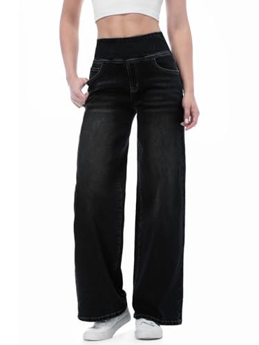 Chasehot Pull-On Weite Jeans Damen, High Waist Gummibund, 4-Taschen-Bein, Schwarz-XL, 31