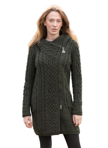 Image of SAOL Ladies Irish Aran Zip Cardigan - 100% Merino Wool Coat with Pockets and Hood, Made in Ireland