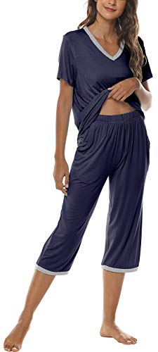 Image of JINSHI Women's Pajamas Set Short Sleeve Top and Capri Pants Lightweight Sleepwear Comfy Pjs Lounge Set with Pockets