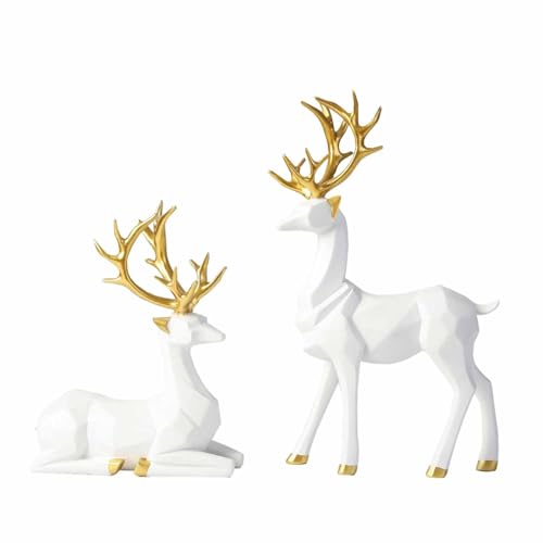 GangGangBAO 2 Stück Hirsch Deko, Paar Hirsch Figuren Weiß Desktop Ornament Resin Elch Rentier Figur Dekoration Weihnachtsdekoration Für Wohnzimmer Schlafzimmer Weihnachten (Weiß)