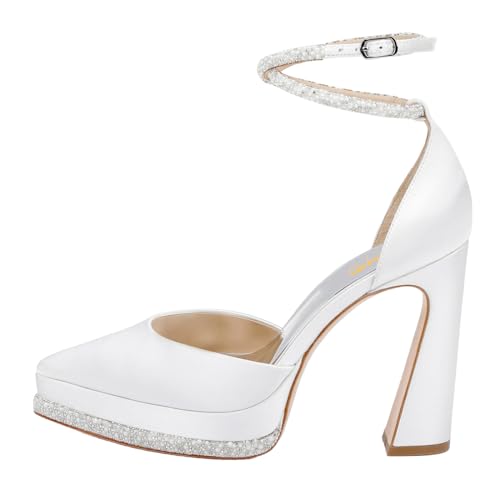 XYD Women's Pointed Toe Platforms Glamorous Crystal Ankle Wrap Strappy Block High Heels D'Orsay Satin Shoes for Evening Party2