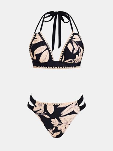 Image of CUPSHE Women's Two Piece V Neck Halter Bikini Sets Stitching Swimsuit | Back Hook,Side Cutout,Cheeky Bottom,Soft Removable Cups,Double Straps,Flattering Bathing Suit For Vacation And Beach