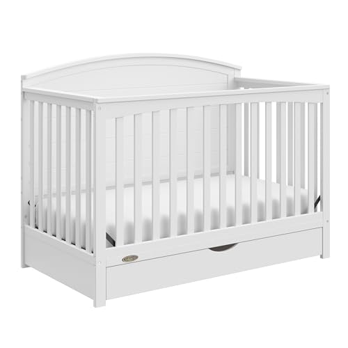 Image of Graco Bellwood 5-in-1 Convertible Crib with Drawer (White) - GREENGUARD Gold Certified, Full-Size Storage Drawer, Converts to Toddler Bed and Full-Size Bed