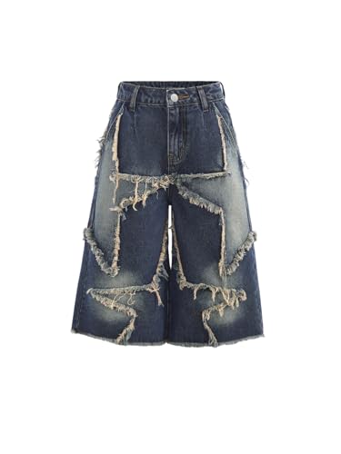 SweatyRocks Girl's Cropped Baggy Jeans Star Patched Raw Hem Wide Leg Y2k Capris Jeans
