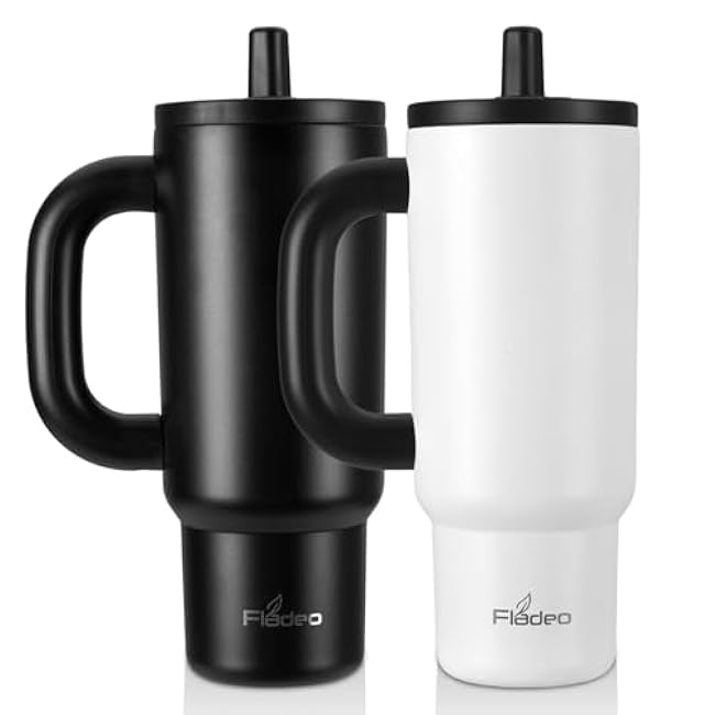 2 Pack 24oz Tumbler with Handle and Straw, Insulated Stainless Steel Cup, Leakproof Travel Mug for Hot & Cold Beverages, Double-Wall Vacuum Insulated Tumbler for Coffee, Tea, Water, White & Black