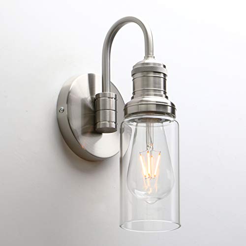 Image of PERMO Industrial Vintage Sconce Wall Mount Single Sconce with 3.1 inch Cylindrical Clear Glass Shade Wall Light Lamp Fixture (Brushed)