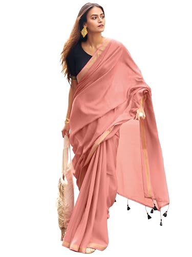 Image of AKHILAM Women's Soft Cotton Lightweight Tassels and Latkans Saree With Unstitched Blouse Piece | Office Wear Cotton Saree | cotton saree for woman