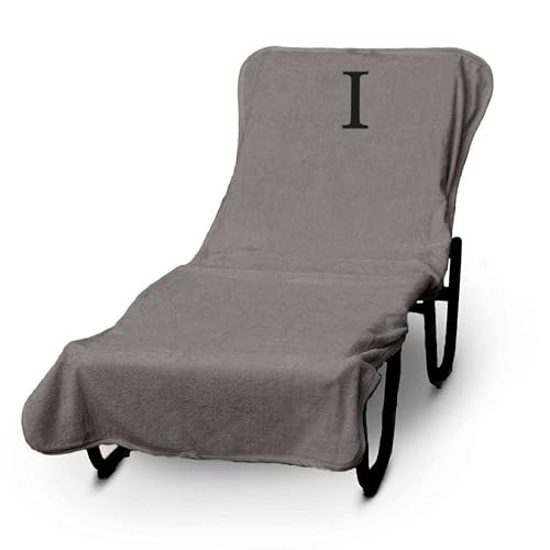 Luxury Hotel & Spa Monogrammed Pool Chaise Lounge Cover, Block Letter Embroidered - Extra Absorbent 100% Turkish Cotton- Soft Terry - Hotel-Style, Standard Size 90" X 29" - Gray - Black Letter I