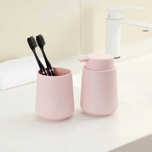 Image of YAUKPH Matte Light Pink Foaming Hand Soap Dispenser Plastic 11 oz - Modern Minimalist Style for Bathroom & Kitchen Countertop Refillable