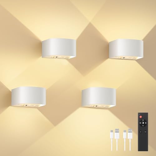FULEN 4 Pièces Appliques Murales avec Détecteur de Mouvement et Télécommande, 3 Couleurs, Lampes Murales LED Sans fil Pour Intérieur, éclairage Haut et...