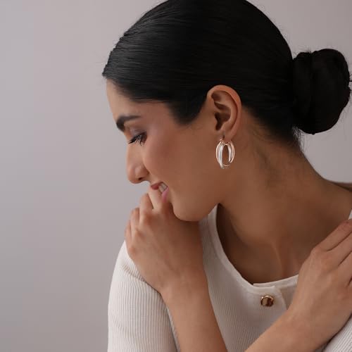 Image of TRUESILVER ACPL 925 Sterling Silver Hoop Earrings for Women | BIS Hallmarked Two-Tone & Three-Tone Intertwined Hoop Earrings | Oval & Round Lightweight Jewelry