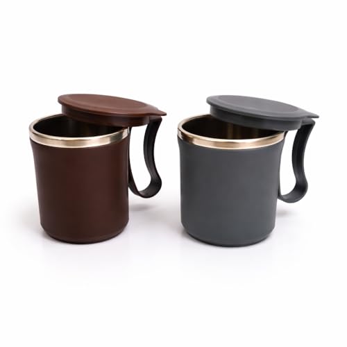 Image of Insulated Stainless Steel Coffee Mug with Lid, 300ml, Double Wall, Reusable Travel Mug for Home & Office (Brown - Gray)