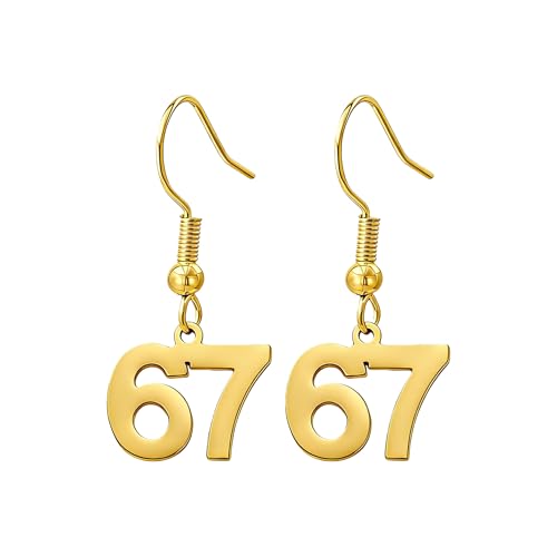 67 Earrings For Women, Slang Style Statement Stainless Steel Ear Hook Numbers Funny Six Seven Meme Earrings Hip Hop Rap Party Jewelry Gift (Gold 67&67)