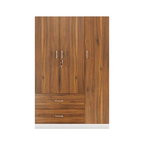 Image of VIKI Wardrobe | Wooden Almirah for Clothes,Door for Bedroom, 3 Door Wardrobe with Drawer & Hanging Space (White & Walnut - 40D x 120W x 180H) | 1 Year Warranty | Free Assembly