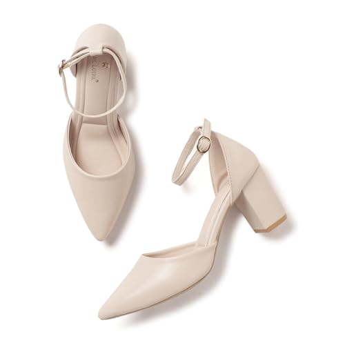 Image of Marc Loire Women's Pointed Toe Block Heel Pumps | Office & Party Shoes with Ankle Loop & Buckle Strap | Formal Footwear
