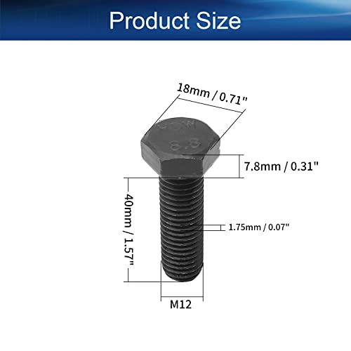 Image of M12 x 40mm Carbon Steel Grade 8.8 External Hex Head Screw Bolts Metric Thread Hexagon Bolts Fastener, 1.88''x0.71''x0.71'' (LxWxH) for Machinery Furniture Hardware Black 5pcs