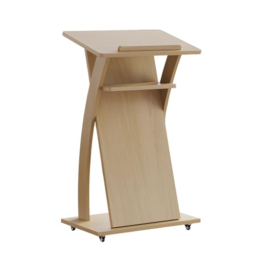 演台 演説台 司会台 教会/教室用モバイル演台プレゼンテーション/講義/結婚式のスピーチ用の表彰台、移動式講壇、スピーチデスク、木製 キャスター付き、ブレーキ機能、18mm厚粒子板 防落バー付き、収納棚デザイン 人間工学的傾斜テーブル 展示場/図書館/セミ