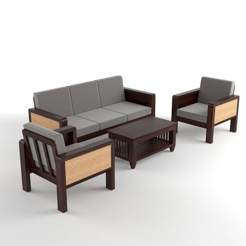 Image of Sheesham Wooden 5 Seater Sofa for Living Room | Solid Wood Sofa with Cane Side Panel | Rosewood Sofa Set for Home & Office | Lounge (Walnut Finish, 3+1+1 Seater)