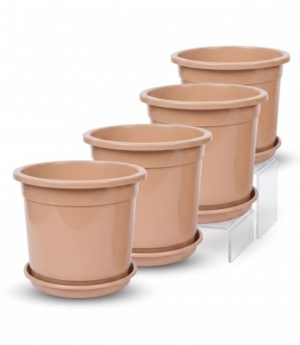 Image of 12 Inch Glossy Dune Beige Plastic Planter with Bottom Plate | Heavy Duty Flower Pot with Tray for Indoor Home Decor, Balcony, Living Room & Outdoor Garden (4 Pot, Dune Beige)