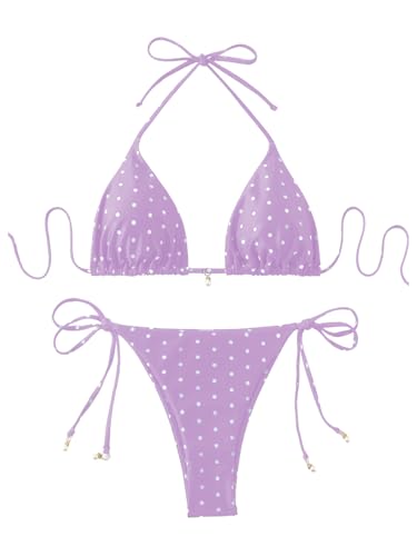 Image of SOLY HUX Women's Polka Dots Print Bathing Suit Halter Triangle Tie Side Bikini Sets Two Piece Swimsuit