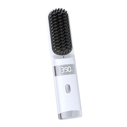 Cordless Hair Straightener Brush Portable on The go Comb for Travel USB chargingTwo Power sources30s Fast HeatingLCD Large Screen Display (White)