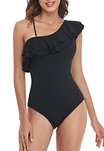 NLAND Costume Intero Monospalla con Volant Arricciato da Donna Costumi da Bagno Interi con Volant da Spiaggia con Scollo a V da Donna(Nero,S)