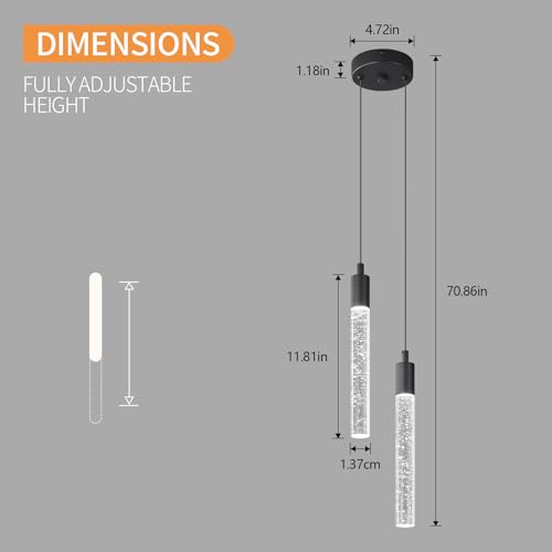 Image of Modern Light Fixture Kitchen Island Pendant Light Dimmable LED Black Pendant Lights Mini Crystal Pendant Lighting for Bedroom Dining Room Living Room(2-Light )
