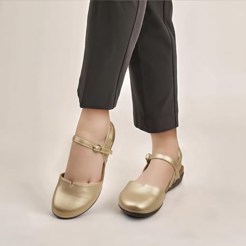 Image of PARTY Closed Toe Sandals Women, Barefoot Arch Support Flat Sandals for Office Work and Travel with Comfortable Cork Footbed