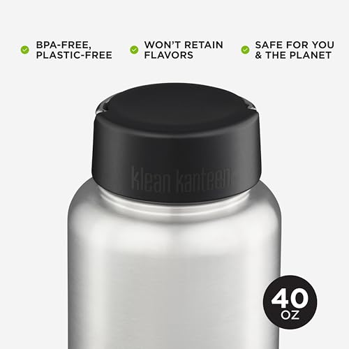 Klean Kanteen Wide Mouth Single Wall Stainless Steel Water Bottle (w/Wide Loop Cap) - 40oz - Brushed Stainless