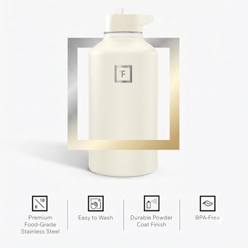 Image of IRON FLASK Camping & Hiking Hydration Flask with Straw, Wide Mouth Insulated Stainless Steel Sports Water Bottle - Cashmere Cream 64 oz - Straw (1 Lid)