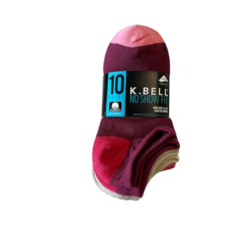 Image of K BELL No Show Socks, 10 Pairs, Assorted Solids and Stripes, Fits Shoe Sizes 5.5-10