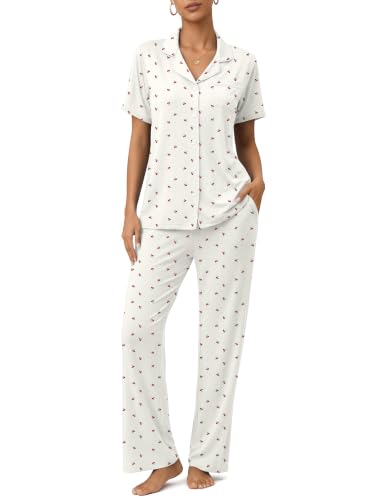 Image of Womens Pajamas Sets 2 Piece Button Up Pj Sets Short Sleeve with Long Pant