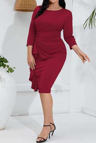 Image of Plus Size Dresses for Curvy Women 3 /4 Sleeve Bodycon Fit Ruffle Midi Pencil Dress