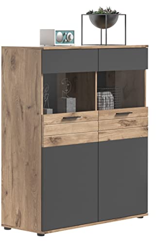 Newroom Vitrine Eiche Basalt Grau Vitrinenschrank Industrial Modern - 110x122x37 cm (BxHxT) - Glasvitrine Standvitrine Glasschrank - [Stanley.Seven] Wohnzimmer Wohnstube Büro