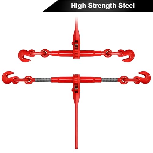Image of Ratchet Binders, Load Binder 3 /8 inch-1 /2 inch with 9200 LBS Working Load Limit, G70 Hooks and Adjustable Length, for Tie Down Hauling Towing, 4 Pack, Red