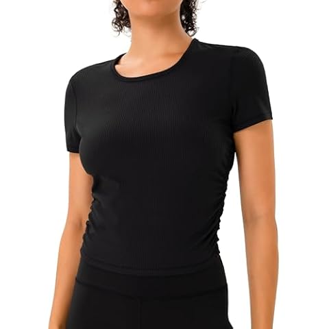 YUNOGA Women's Short Sleeve Workout T-Shirts Slim Fit Crop Tops Ribbed Casual Athletic Yoga Tee Shirts (M, Black) Cover