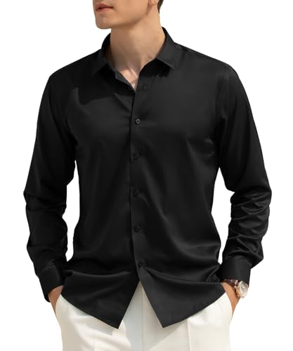 Casey Kevin Camisa Sin Plancha Hombre - Camisas Hombre Manga Larga de Satén Elegante -, Ideal para Casual, Oficina, Fiesta y Look Diario