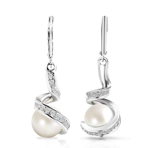 Xonojun Boucles d'oreilles Longues Argent Plaqué, Perle de Culture Blanche Et Cristal, Longues Boucles d'oreilles Pendantes Femmes Maman, Cadeau Noël...