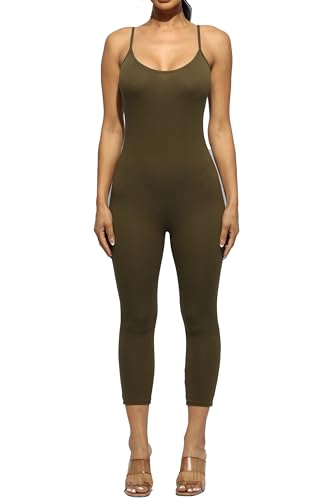 BOGOMORE Sleeveless Bodycon Jumpsuit 21' Capri Skinny Fit Hug Curves Adjustable Strap Stretchy Workout Gym Olive Large