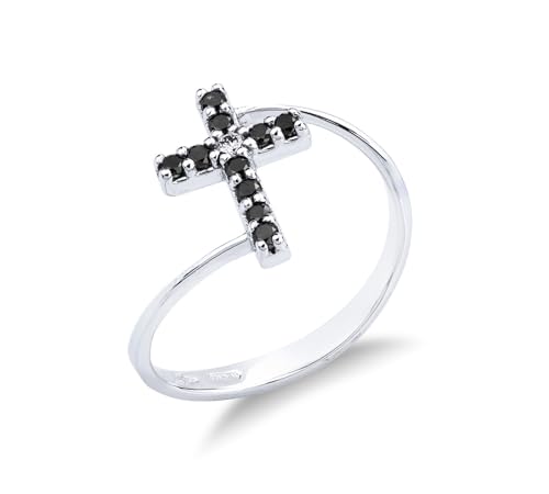 GV GIOIELLI DI VALENZA Bague en or blanc 18 carats avec croix en diamants noirs et blancs, métal, Diamant rose
