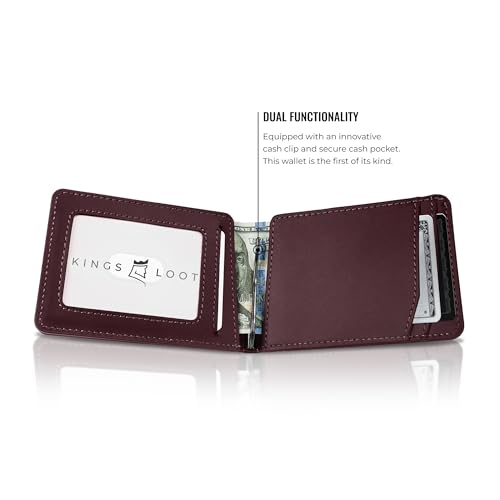 Image of Kings Loot Wallet for Men | Minimalist Slim RFID Blocking Leather Design with Cash Pocket & Card Pull Strap | Holds 1-12 Cards | Stylish & Durable Wallets (Berrywood)