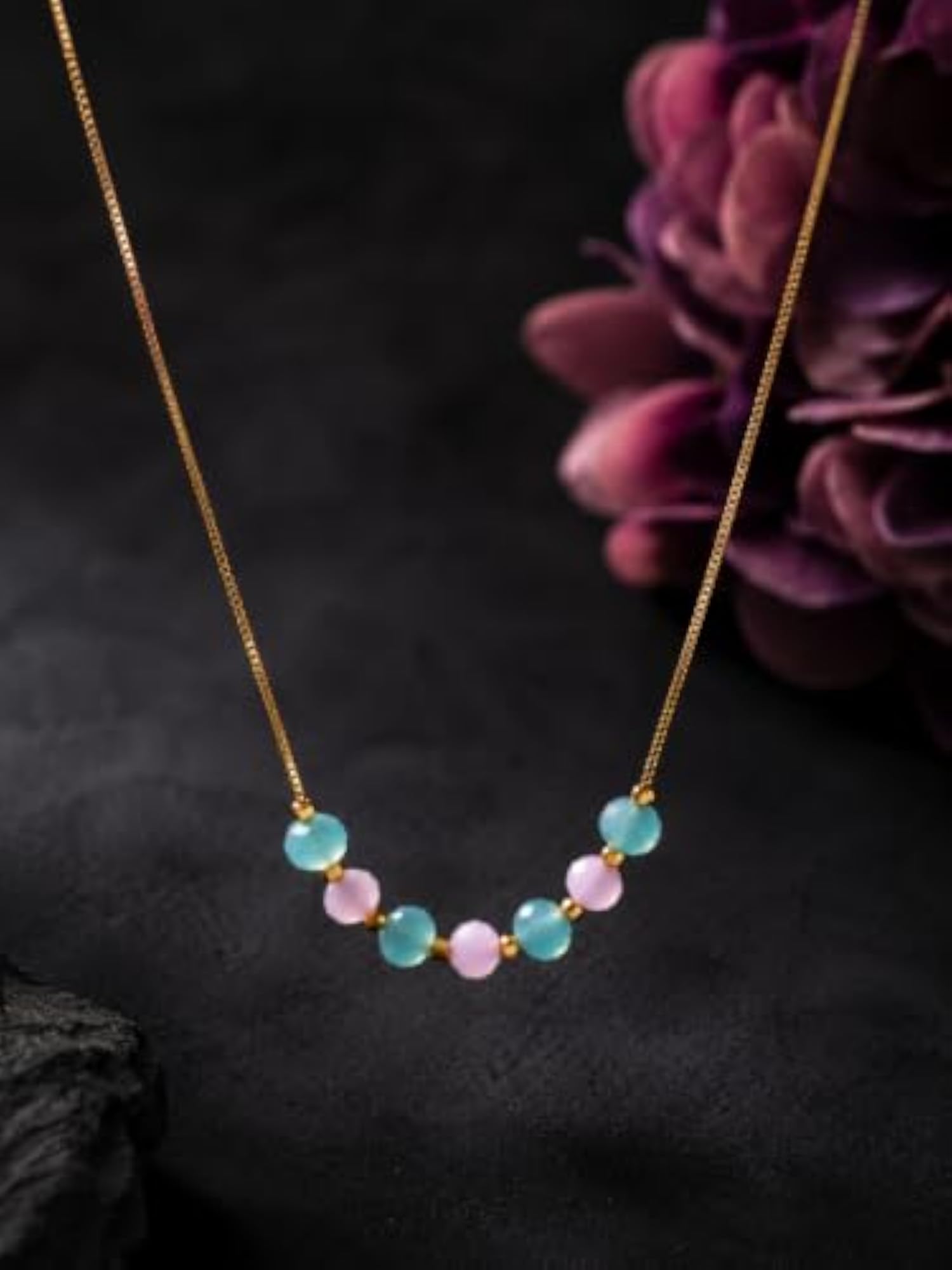 Premium Gold Tone Blue Pink Crystal Bead Necklace, Dainty Fashion