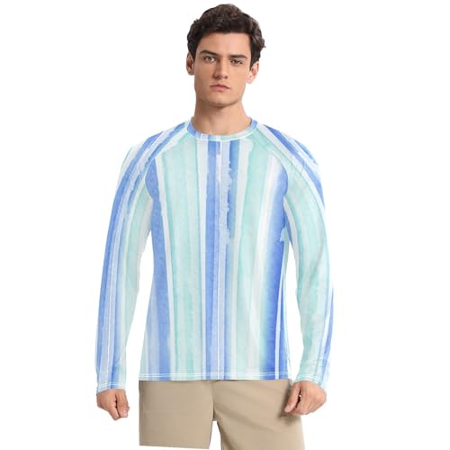 Blue Green Stripes Men's Swim Shirts UPF 50+ Lightweight Long Sleeve Sun Protection Long Sleeve Hiking