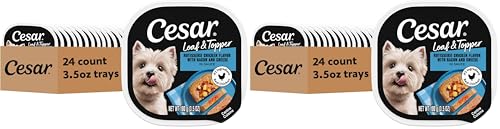 Image of Cesar Loaf & Topper in Sauce Wet Dog Food, Rotisserie Chicken Flavor with Bacon & Cheese, Wet Food for Dogs, 3.5 oz Easy Peel Trays, 24 Count (Pack of 2)