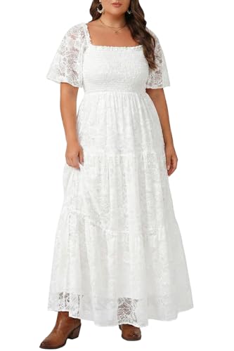 Vestido de novia de talla grande, estilo bohemio, de encaje, formal, cuello cuadrado, mangas con volantes, vestidos largos para mujeres con curvas, Blanco, 18 Plus