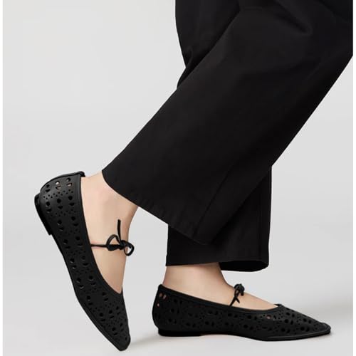 Image of Ballet Flats for Women Lace Up Bow Square Toe Mary Janes Cute Ballerina Shoes Slip On Comfortable Elegant Dress Shoes