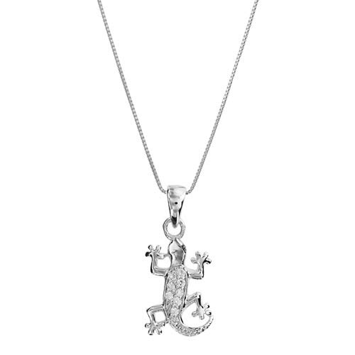 1001 Bijoux Collier argent rhodié (Argent 925‰ + protection Rhodium) pendentif salamandre oxydes blancs sertis 42+3cm + écrin (offert) + Certificat d'Authenticité Argent 925‰