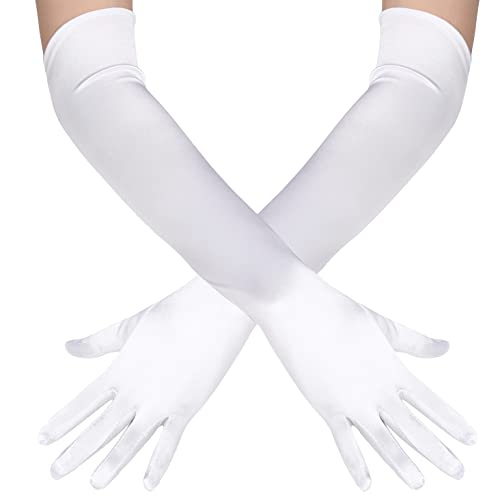 BABEYOND Classic Long Opera Pageant Party 1920s Satin Gloves Stretchy Adult Size Elbow Wrist Length 20.5" (Long Smooth 20.5in/White)