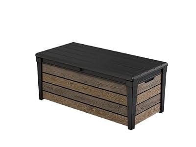 Keter Signature Collection 120 Gallon Resin Deck Box Organization and Storage Box for Patio Outdoor Cushions, Throw Pillows, Garden Tools and Pool Supplies, Walnut