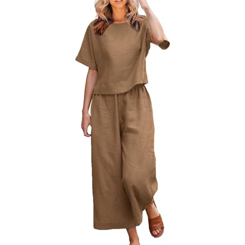 Fnumiszx Conjunto de ropa de algodón y lino para mujer, conjunto de chándal de verano de color sólido, manga corta, cuello redondo y pantalones holgados de pierna ancha, conjunto completo de traje de